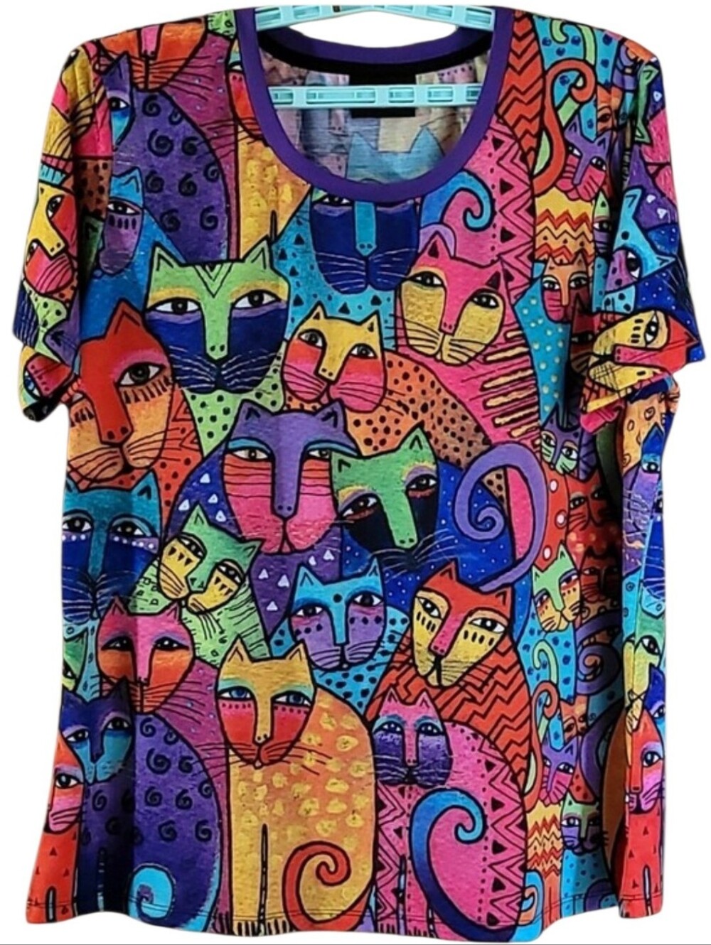 Laurel Burch Famous Colorful Cat Design Short Sleeve Top Size:XXL